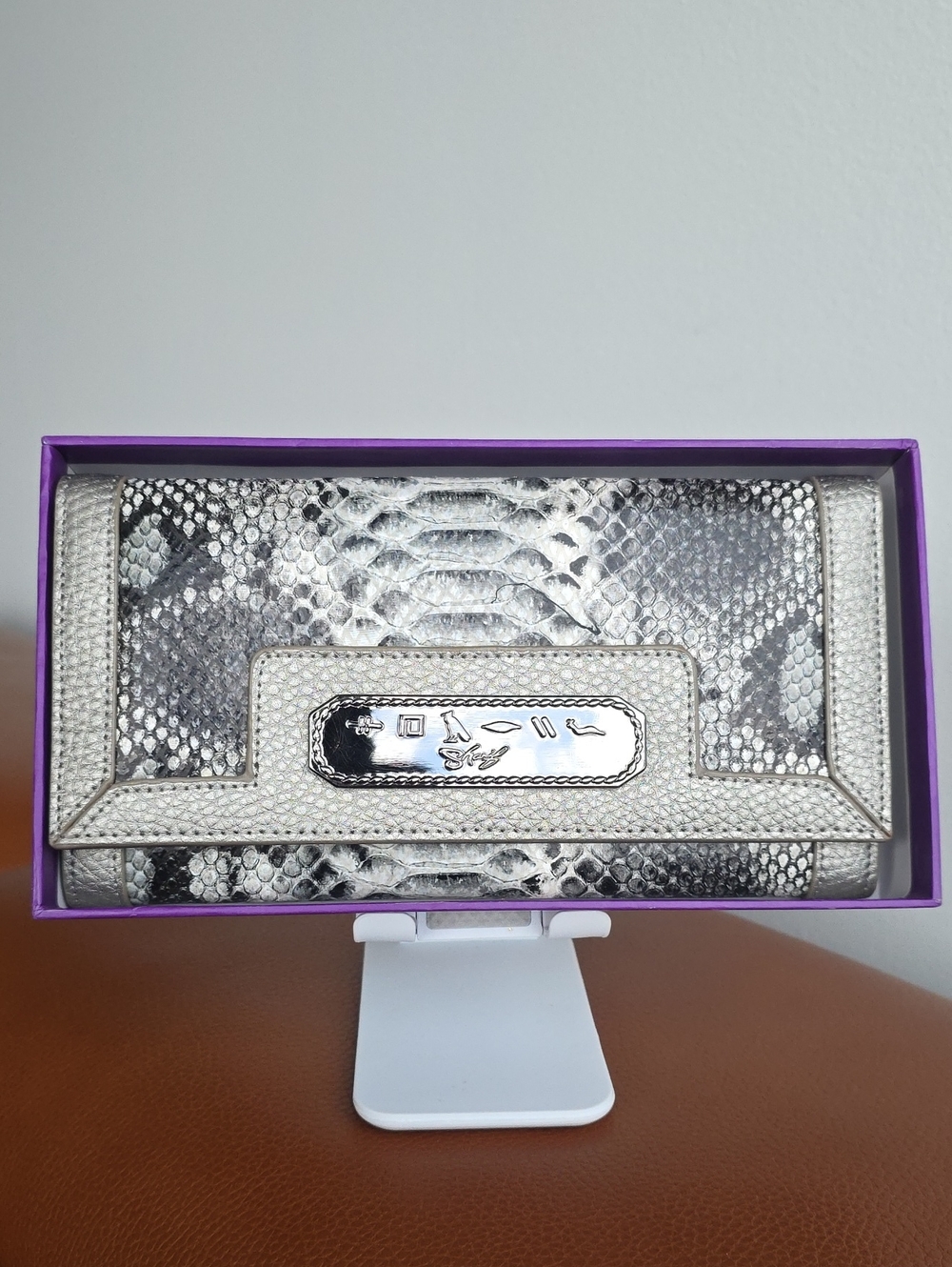 SHARIF NWOT Grey 100% Leather Snake-Embossed Front Flap Long Wallet